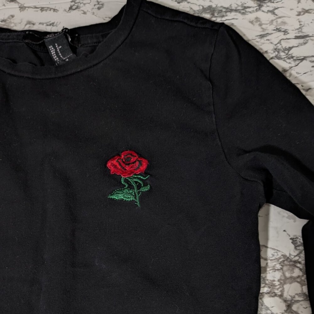 Forever 21 Black with Single Rose Long-Sleeve Leotard